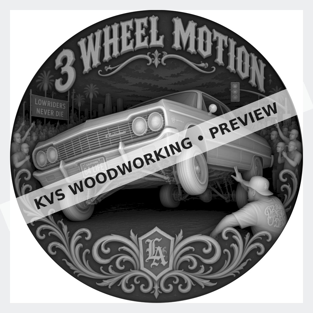 Watermarked grayscale preview of 3 Wheel Motion — Lowrider Lift digital coin design