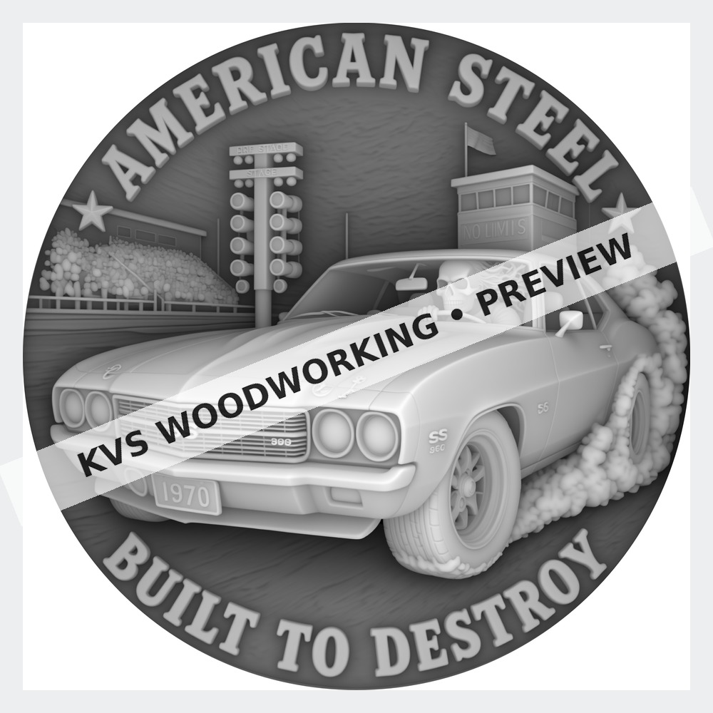 Watermarked grayscale preview of American Steel — Built to Destroy digital coin design