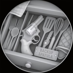 Grayscale coin depth map of a revolver among kitchen utensils with Backup Spatula lettering.