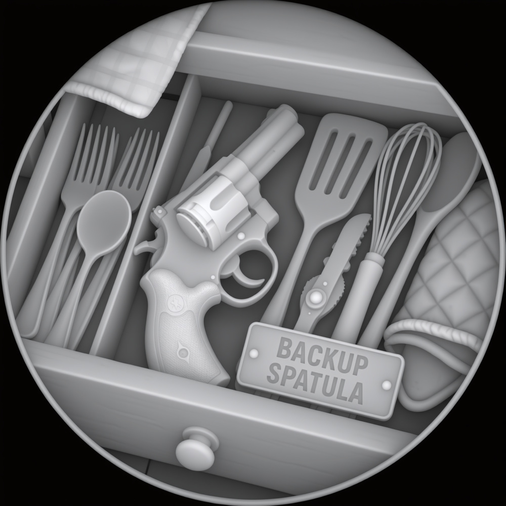 Grayscale coin depth map of a revolver among kitchen utensils with Backup Spatula lettering.