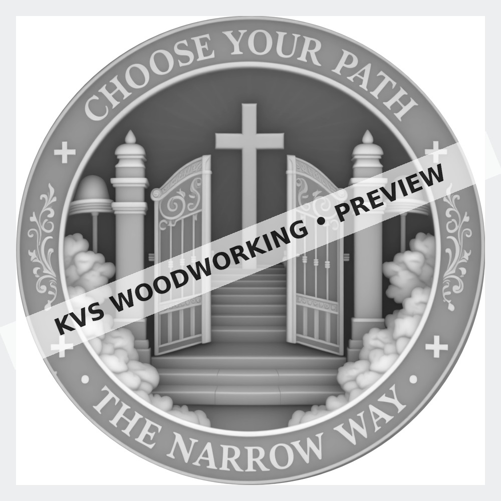 Watermarked grayscale preview of Choose Your Path — The Narrow Way digital coin design