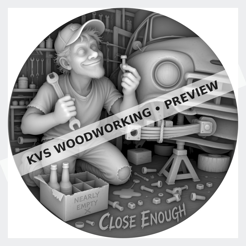 Watermarked grayscale preview of Close Enough — Garage Mechanic digital coin design