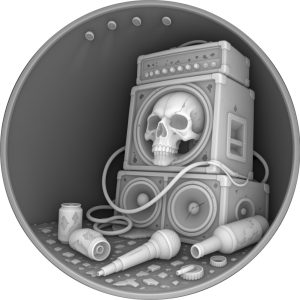 Skull amplifier, microphone and stage cables in a circular coin depth map