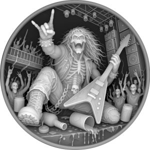 Skeletal guitarist performing onstage above a crowd in a circular coin depth map