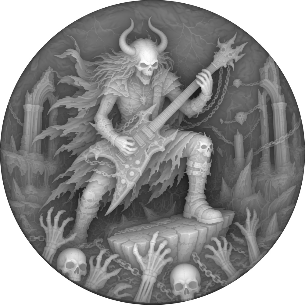 Horned skeletal guitarist surrounded by flames in a circular coin depth map