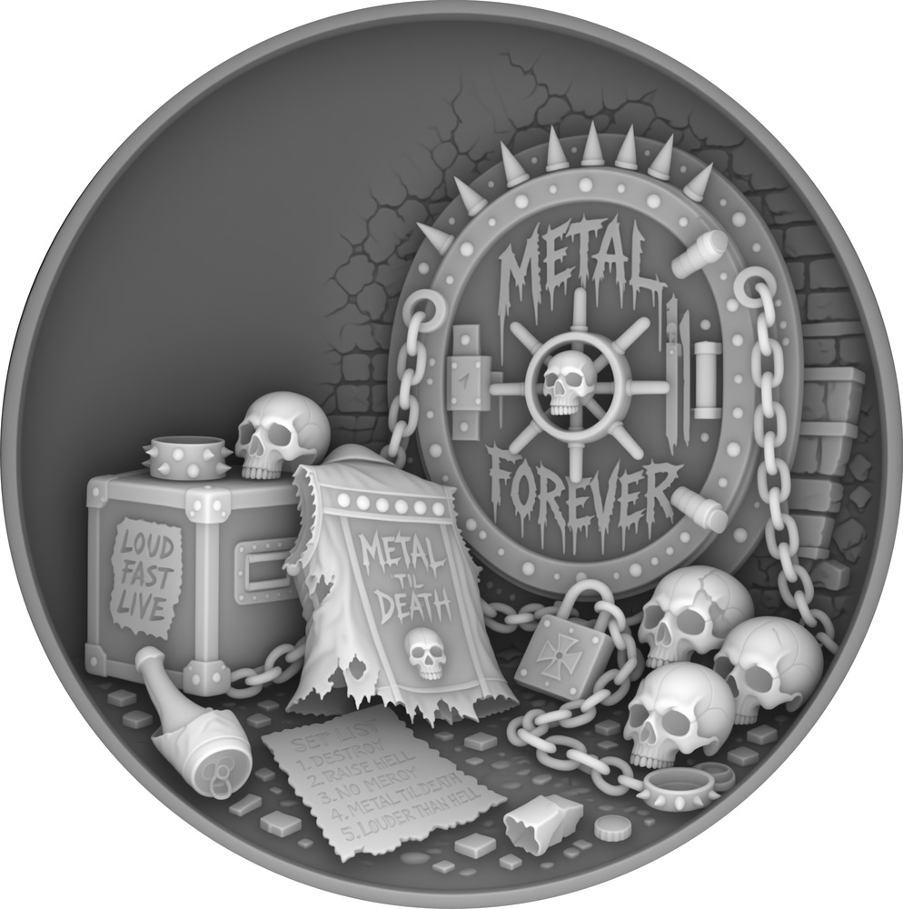 Metal Forever drum head, chains, skulls and cans in a circular coin depth map