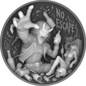 Horned skull rocker making a horns hand sign with No Escape lettering in a circular coin depth map