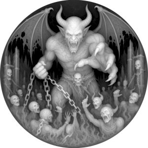 Winged horned demon pulling skull chains amid flames in a circular coin depth map