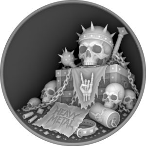 Crowned skull on a spiked crate with Heavy Metal lettering in a circular coin depth map