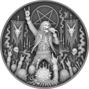 Skeletal metal singer with a microphone and concert crowd in a circular coin depth map