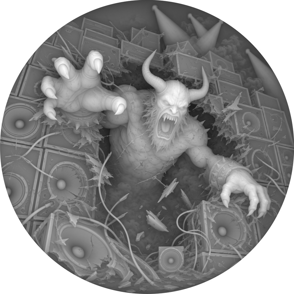 Horned demon playing drums surrounded by flames in a circular coin depth map