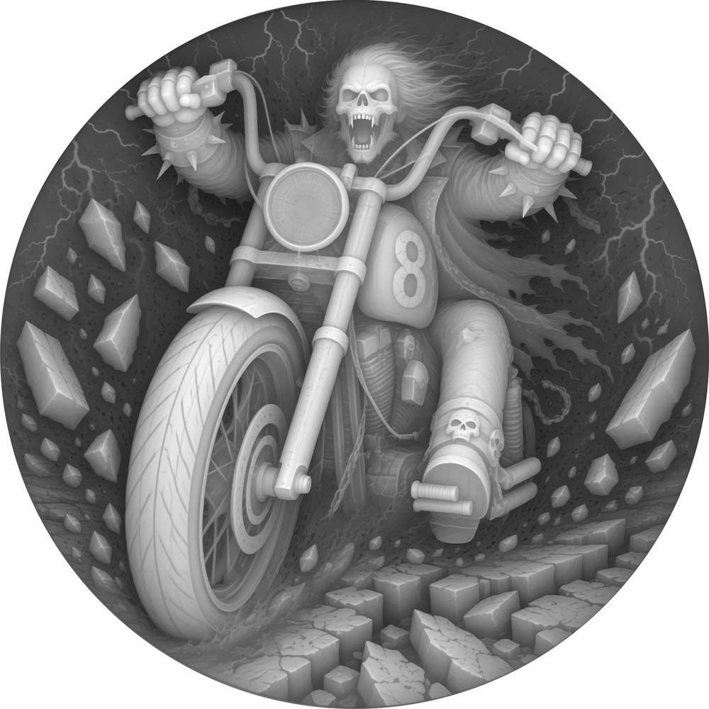 Skeletal rider on a motorcycle with number eight in a circular coin depth map