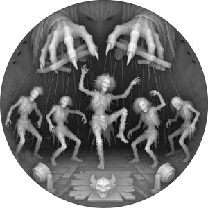 Skeletal hands controlling skeleton marionettes above a stage in a circular coin depth map