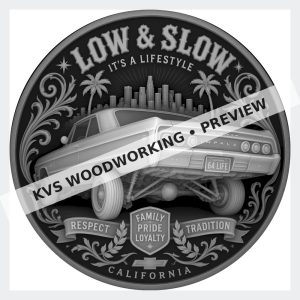 Watermarked grayscale preview of Low and Slow — California Lowrider digital coin design