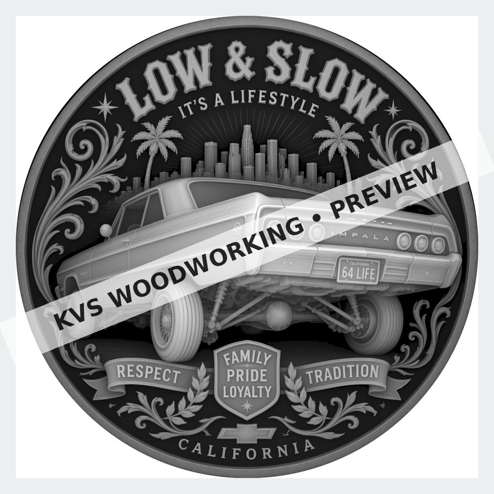 Watermarked grayscale preview of Low and Slow — California Lowrider digital coin design