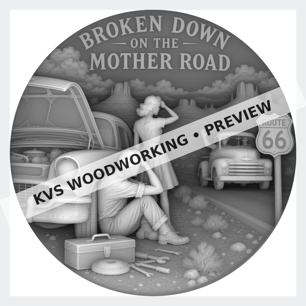 Watermarked grayscale preview of Roadside Rescue — Broken Down on the Mother Road digital coin design