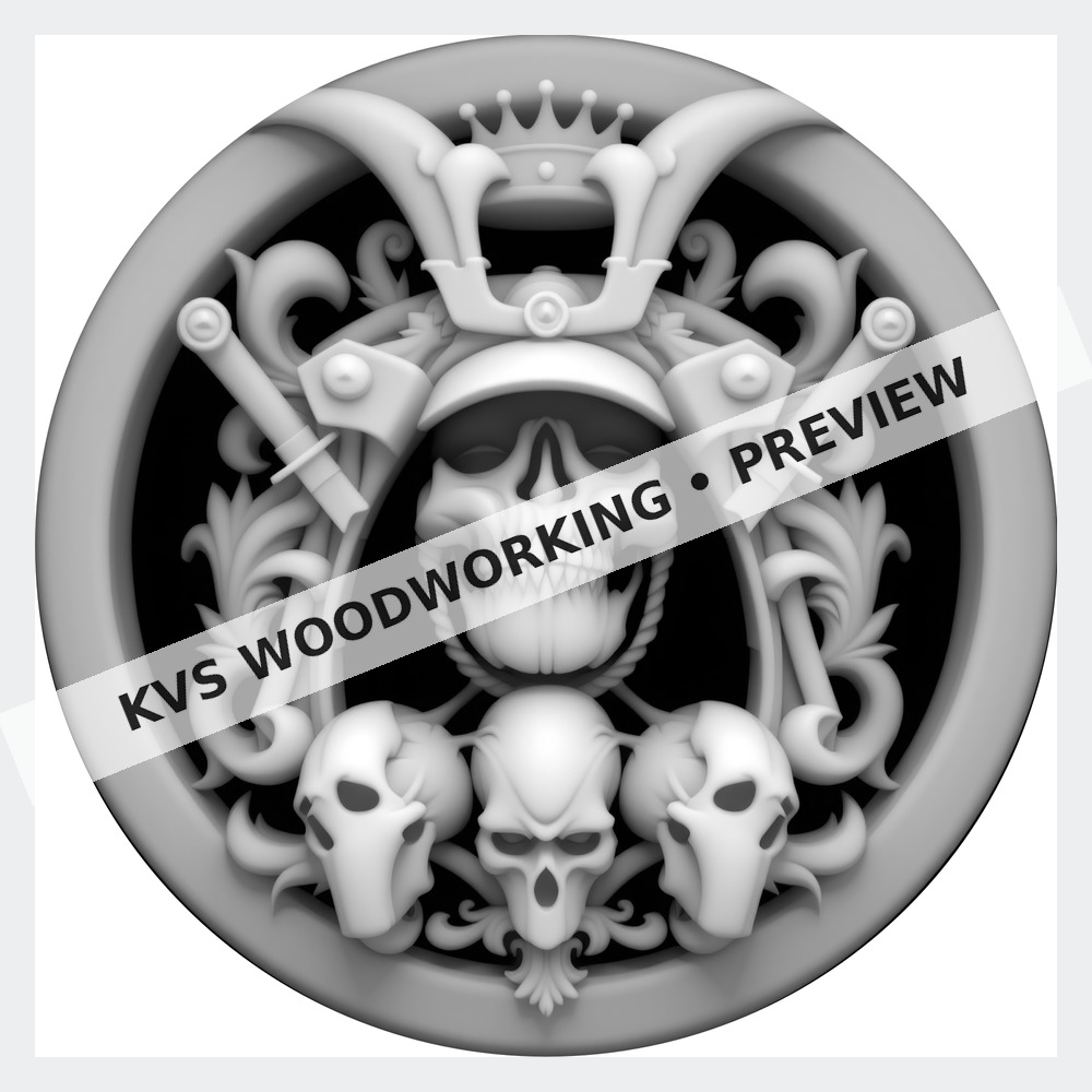 Watermarked grayscale preview of Samurai Skull — Ornate Helmet digital coin design