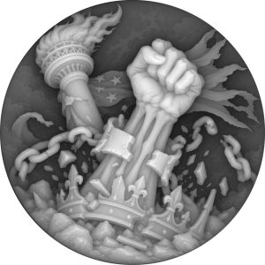 Grayscale coin depth map of a skeletal fist breaking chains beside the Statue of Liberty.