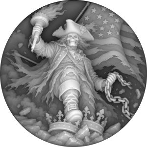 Grayscale coin depth map of a skeletal patriot breaking chains in front of an American flag.