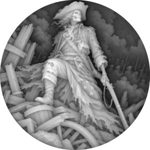 Grayscale coin depth map of a skeletal revolutionary standing amid battlefield ruins.