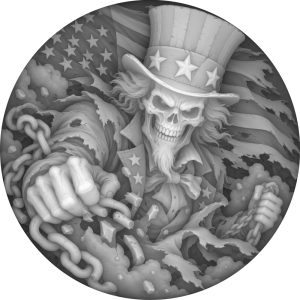 Grayscale coin depth map of skeletal Uncle Sam breaking free of chains.