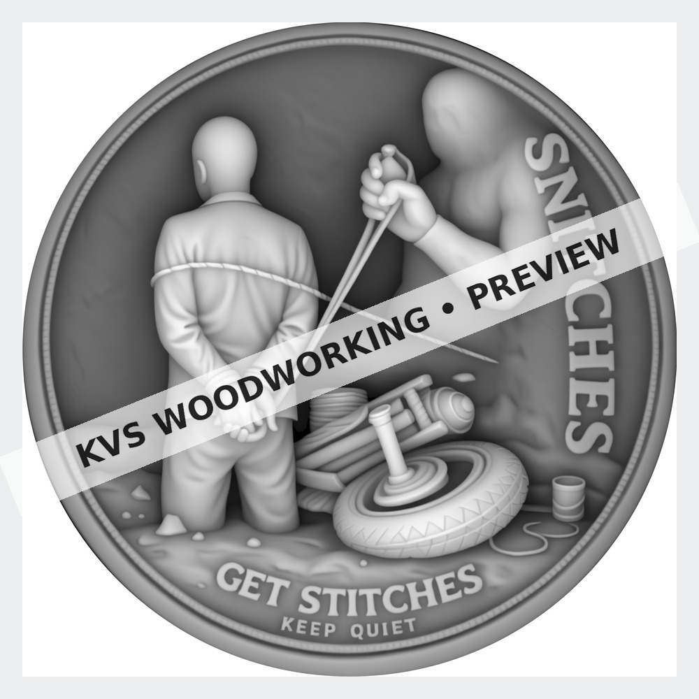 Watermarked grayscale preview of Snitches Get Stitches — Keep Quiet digital coin design