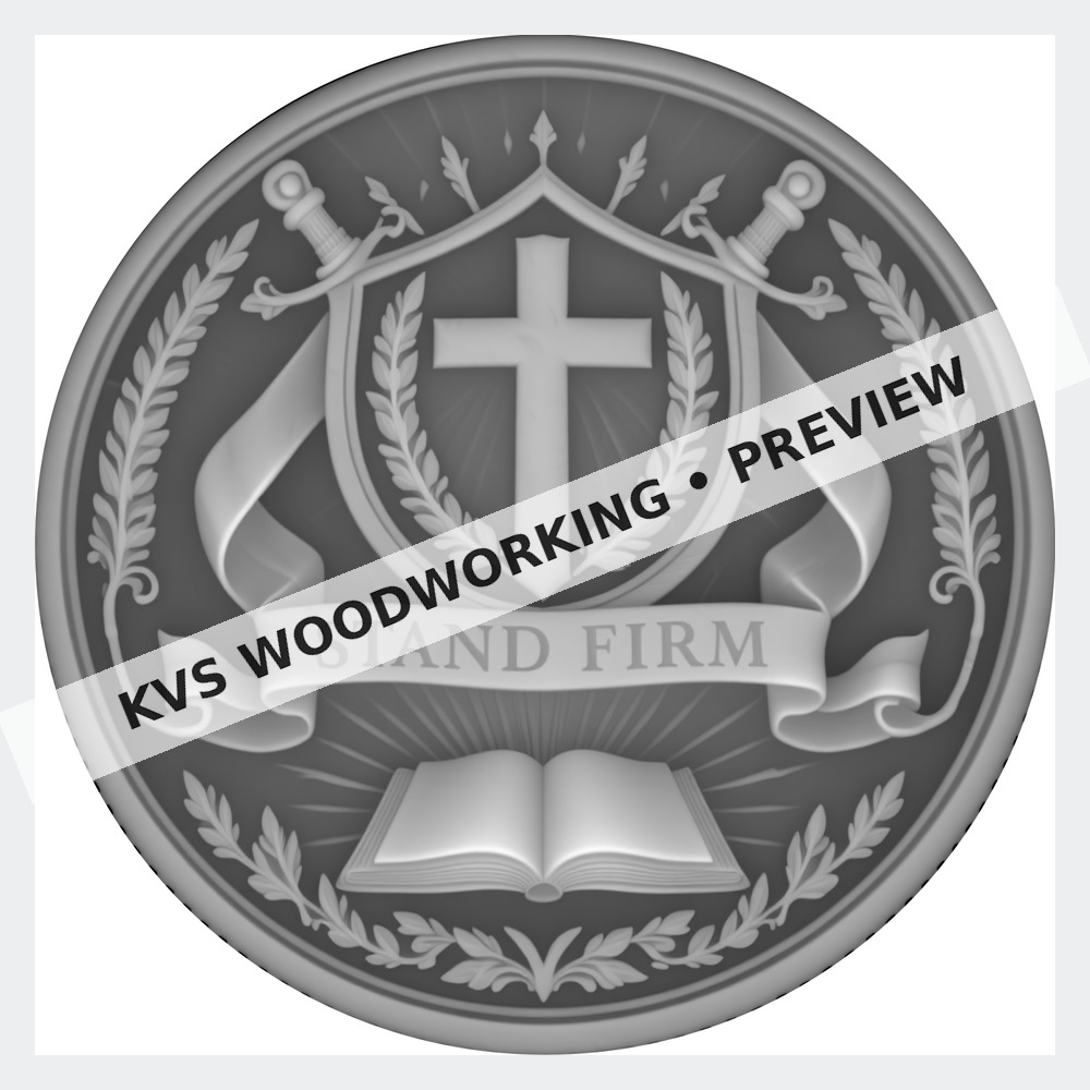 Watermarked grayscale preview of Stand Firm — Cross and Open Bible digital coin design