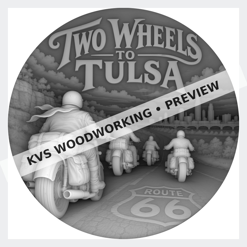 Watermarked grayscale preview of Two Wheels to Tulsa — Route 66 Motorcycles digital coin design