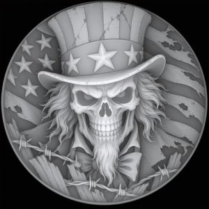 Grayscale Uncle Sam skull coin depth map with a starred top hat, American flag and barbed wire.