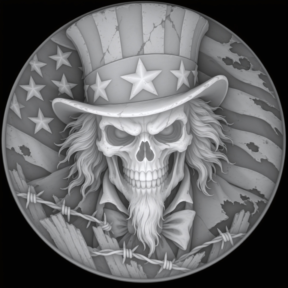 Grayscale Uncle Sam skull coin depth map with a starred top hat, American flag and barbed wire.