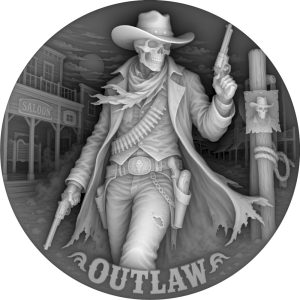 Grayscale coin design of a skeletal gunslinger holding two revolvers in a frontier town.