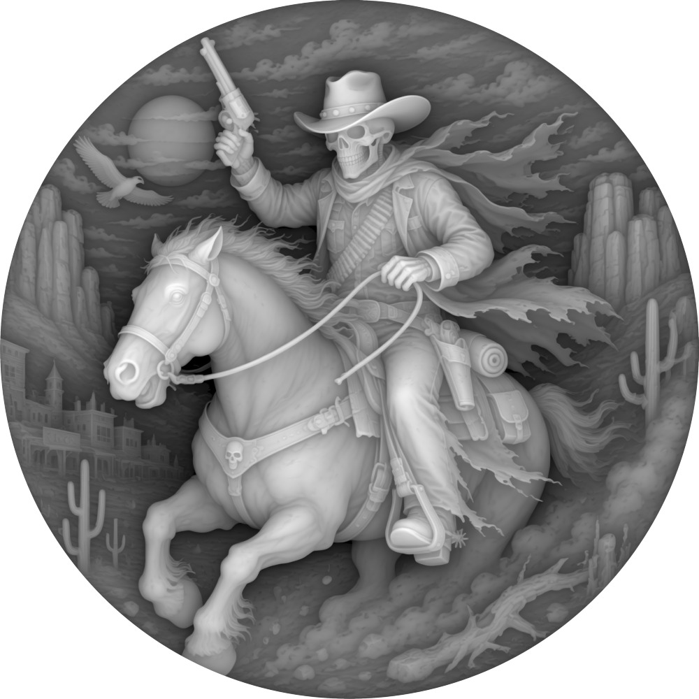 Grayscale coin design of a masked outlaw riding a horse through a moonlit desert.