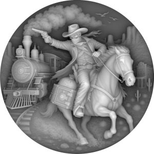 Grayscale coin design of a mounted outlaw beside a steam locomotive.