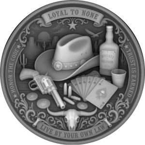 Grayscale reverse coin design with a cowboy hat, revolver, playing cards, whiskey bottle and cattle skull.