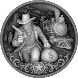 Grayscale coin design of a masked train robber with a revolver and money bag.