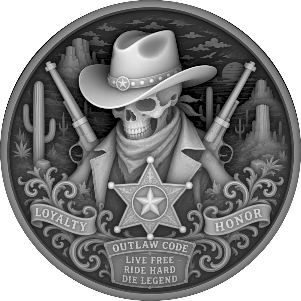 Grayscale reverse coin design of a skeletal outlaw with a star badge and crossed revolvers.