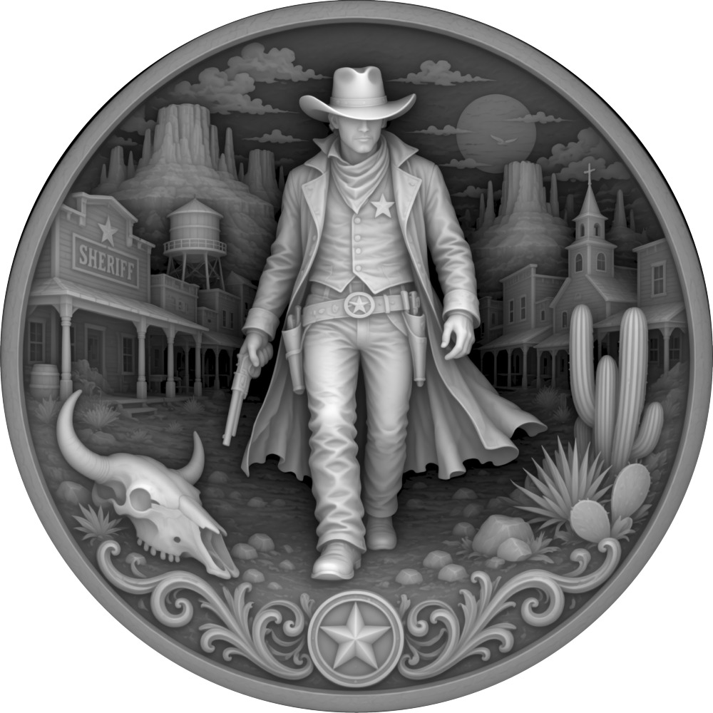 Grayscale coin design of a masked gunslinger walking through a frontier town with two revolvers.