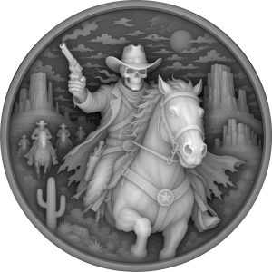 Grayscale reverse coin design of a skeletal cowboy on a galloping horse with a raised revolver.