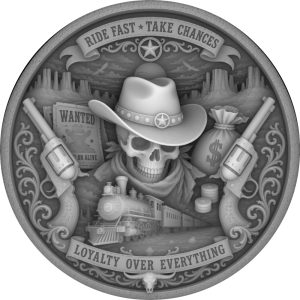 Grayscale coin design of a skeletal cowboy with crossed revolvers and Loyalty Over Everything lettering.
