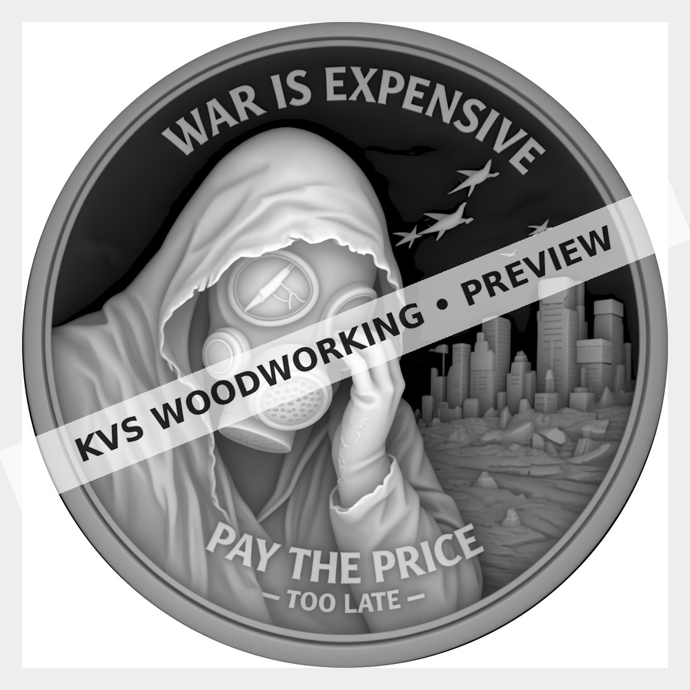 Watermarked grayscale preview of War Is Expensive — Pay the Price digital coin design