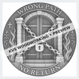 Watermarked grayscale preview of Wrong Path — No Return digital coin design
